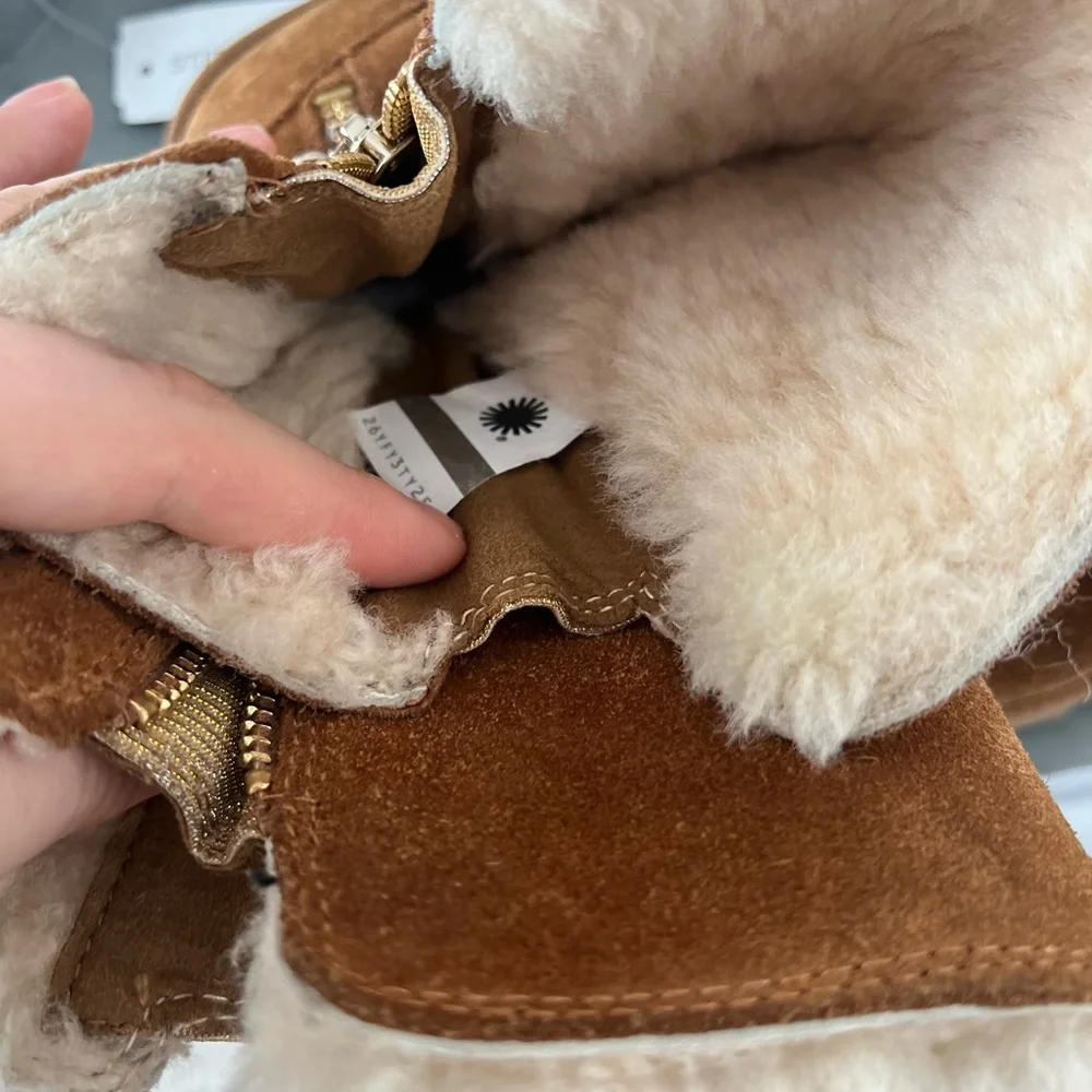 UGG Chestnut Brown Suede Short Boots with Chain Trim